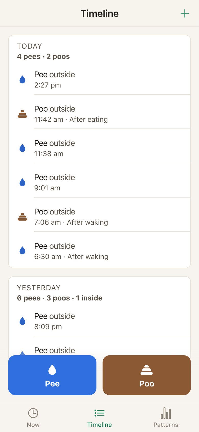 The Timeline screen: every pee and poo grouped by day, with the time and what came before each one.